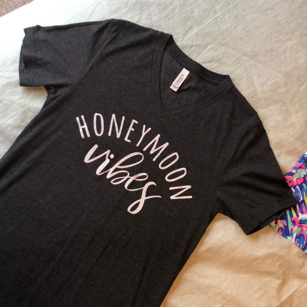 “Honeymoon vibes” Charcoal V-neck tee